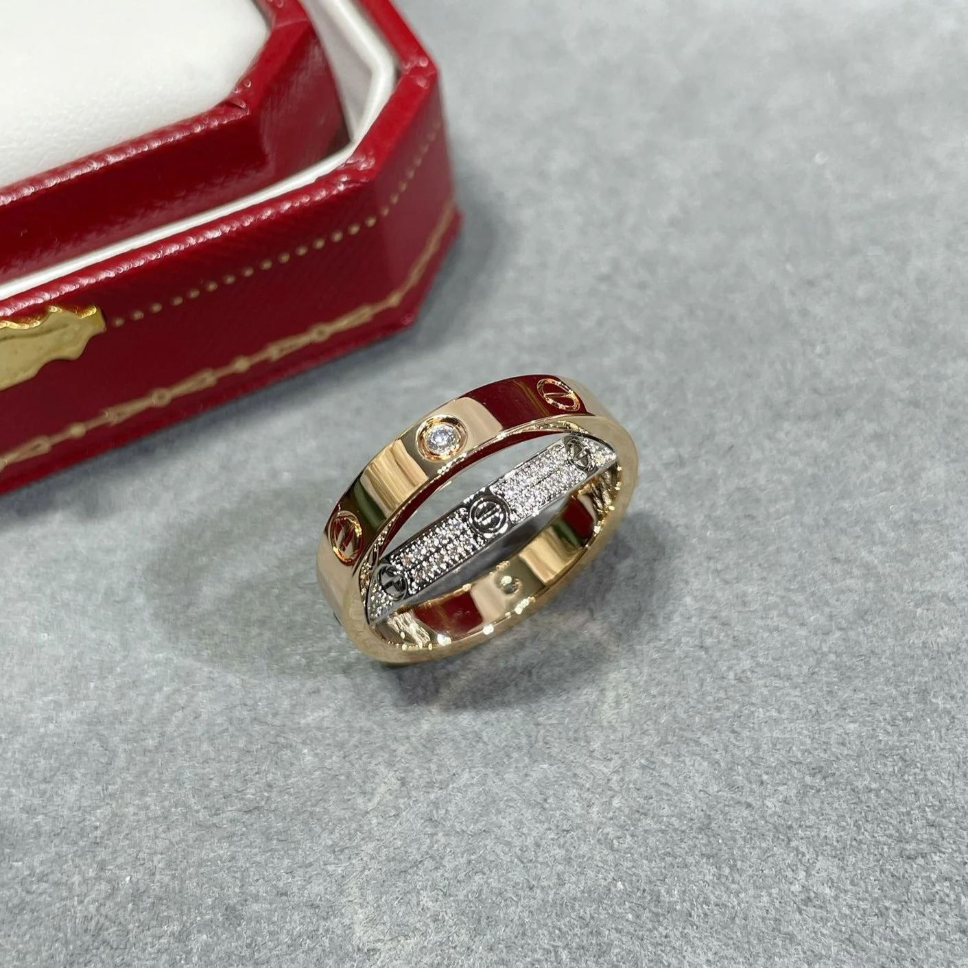 [CT]LOVE PINK GOLD SILVER DIAMOND DOUBLE RING