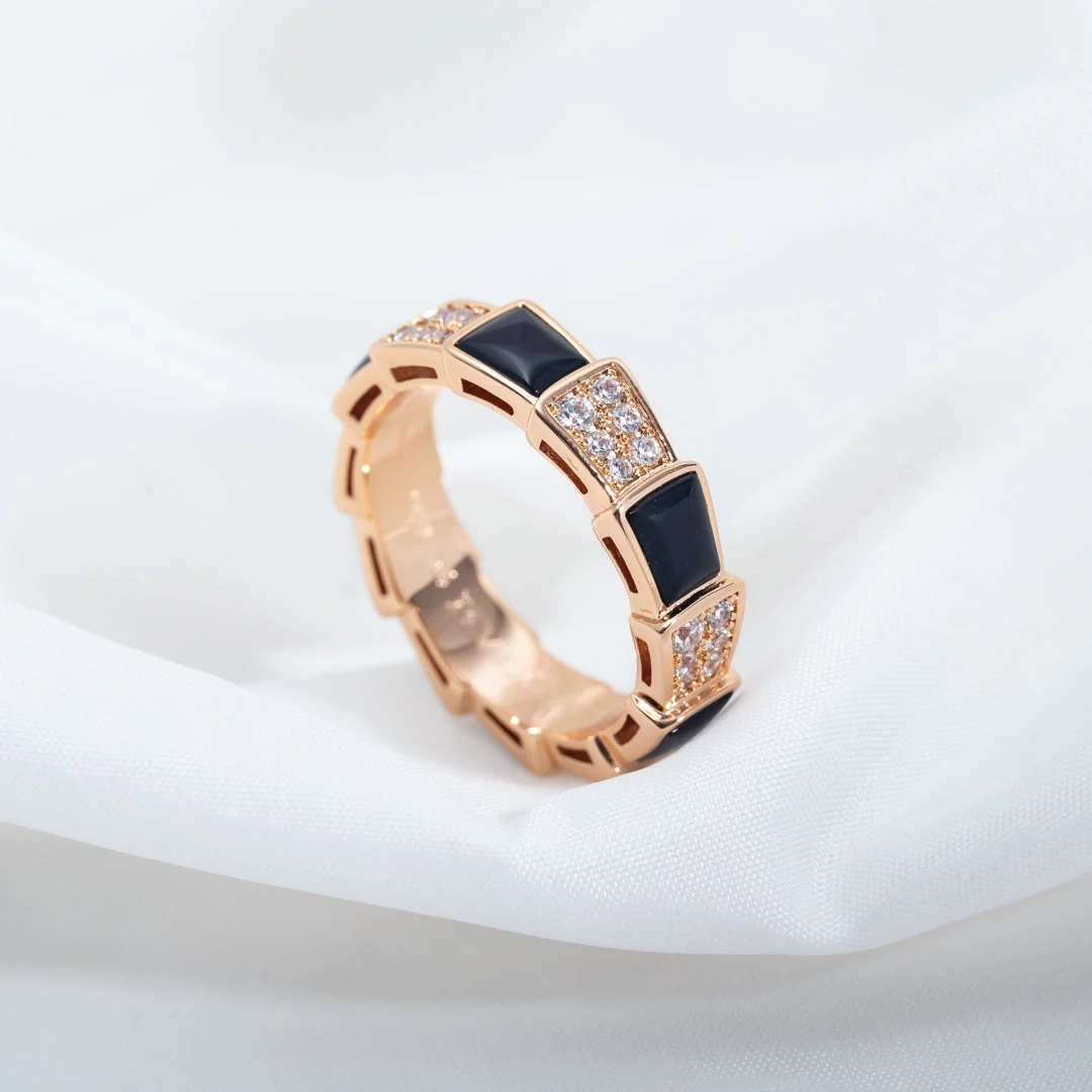 [BV]SERPENTI RING PINK GOLD BLACK MOP DIAMOND PAVED 4MM