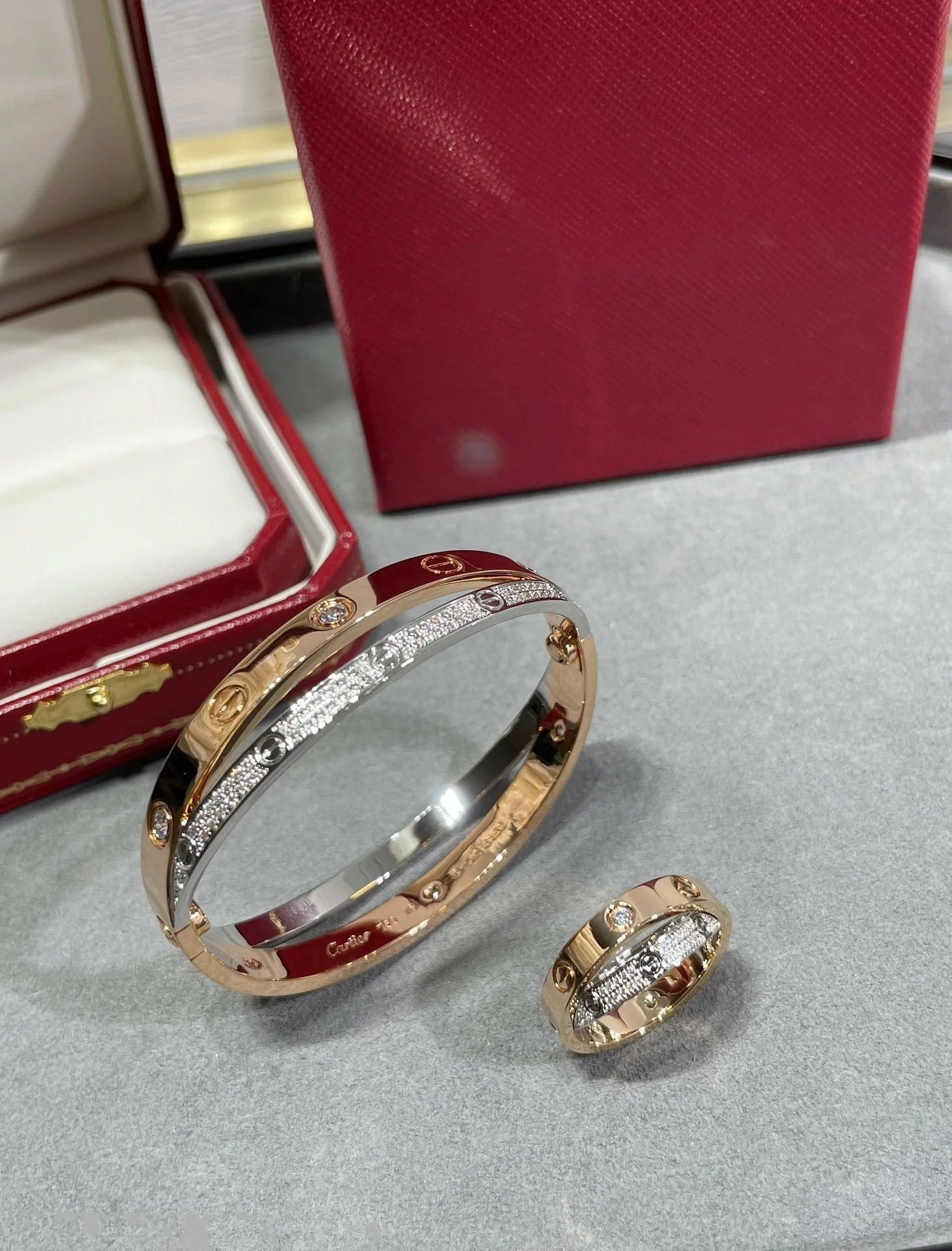 [CT]LOVE PINK GOLD SILVER DIAMOND DOUBLE RING