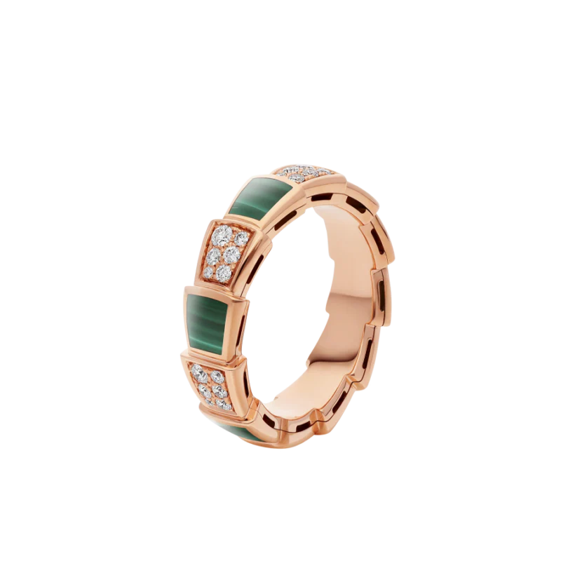 [BV]SERPENTI RING PINK GOLD MALACHITE DIAMOND PAVED 4MM