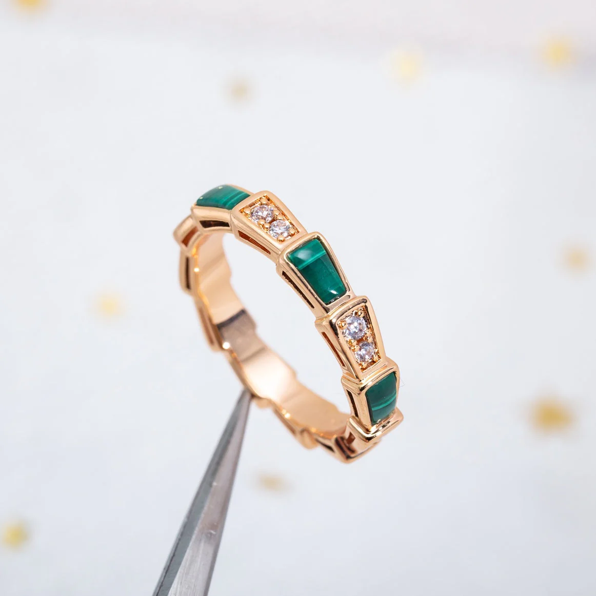 [BV]SERPENTI RING PINK GOLD MALACHITE DIAMOND 3MM