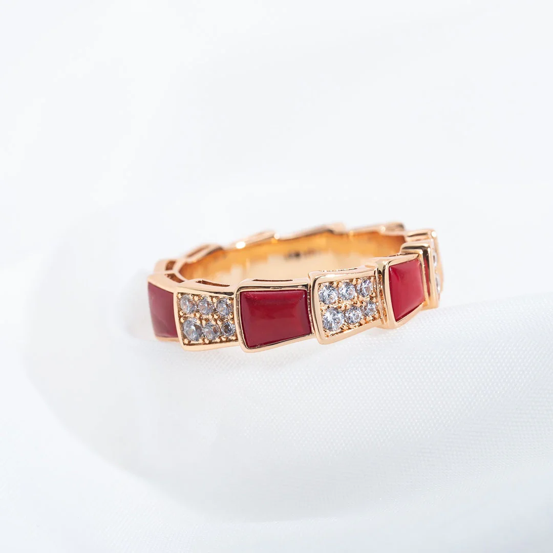 [BV]SERPENTI RING PINK GOLD CARNELIAN DIAMOND PAVED 4MM