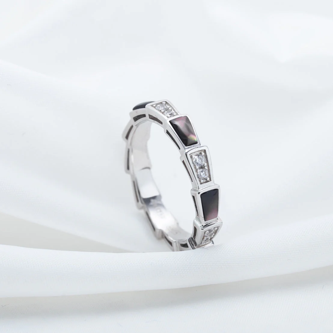 [BV]SERPENTI RING SILVER  DIAMOND BLACK MOP 3MM