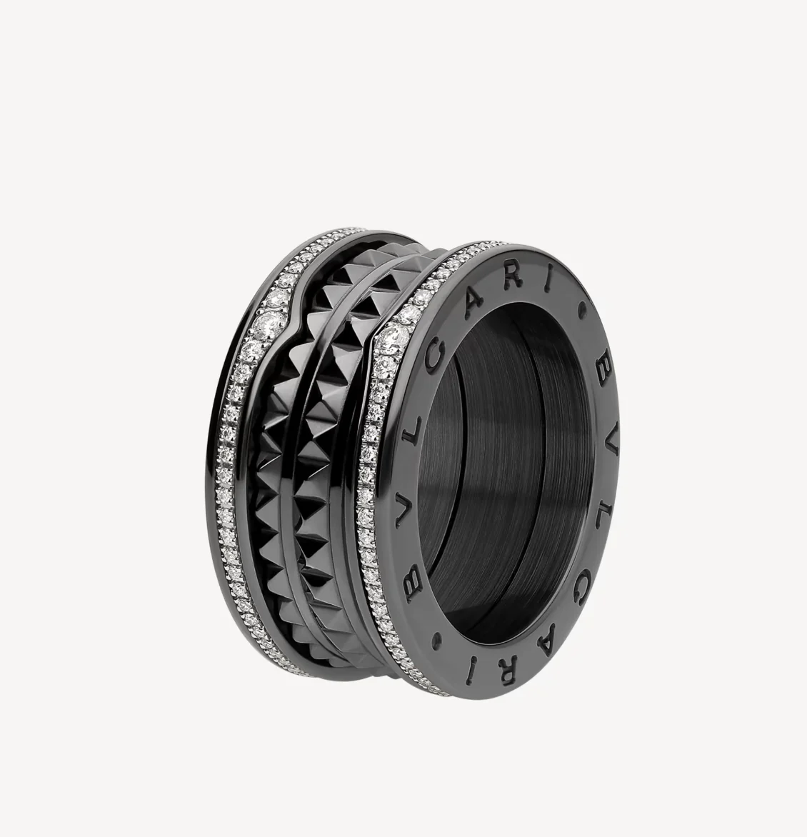 [BV]ZERO 1 ROCK FOUR-BAND BLACK CERAMIC WITH STUDDED SPIRAL AND PAVED DIAMONDS RING