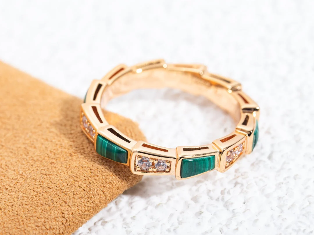 [BV]SERPENTI RING PINK GOLD MALACHITE DIAMOND 3MM