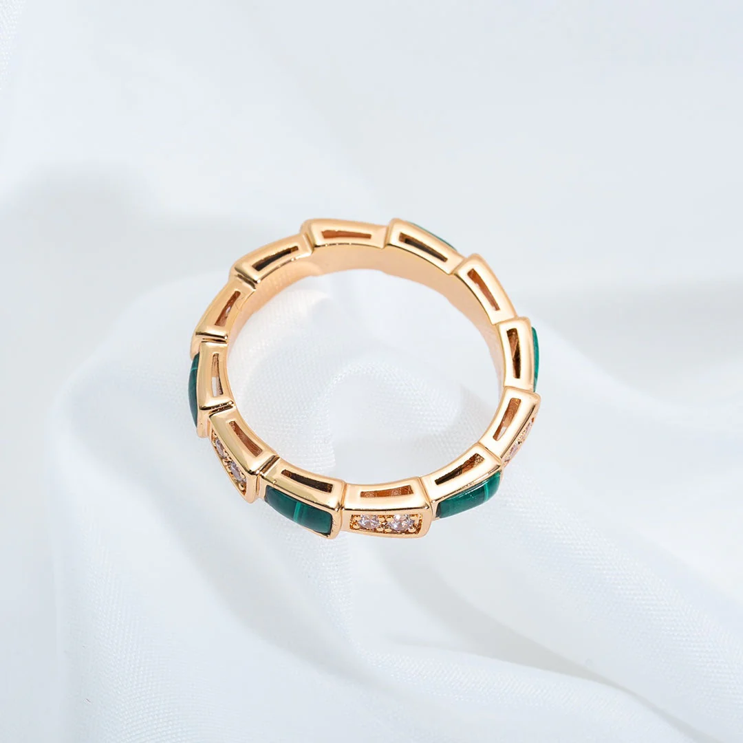 [BV]SERPENTI RING PINK GOLD MALACHITE DIAMOND 3MM