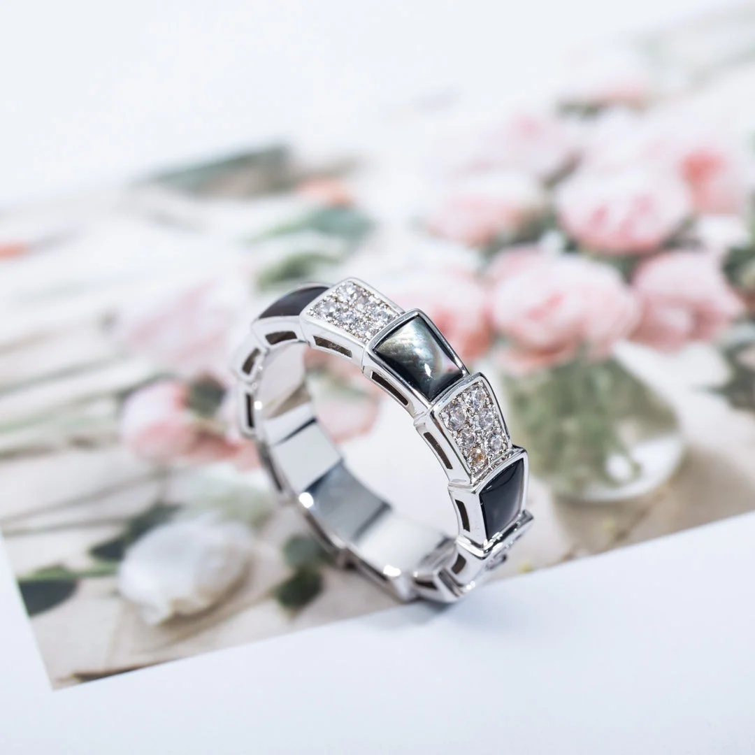 [BV]SERPENTI RING SILVER DIAMOND BLACK MOP 4MM