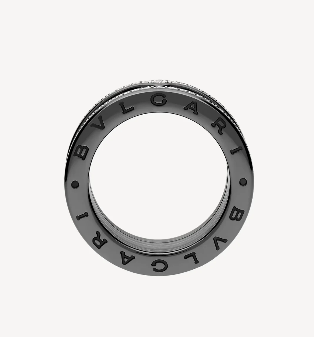 [BV]ZERO 1 ROCK FOUR-BAND BLACK CERAMIC WITH STUDDED SPIRAL AND PAVED DIAMONDS RING