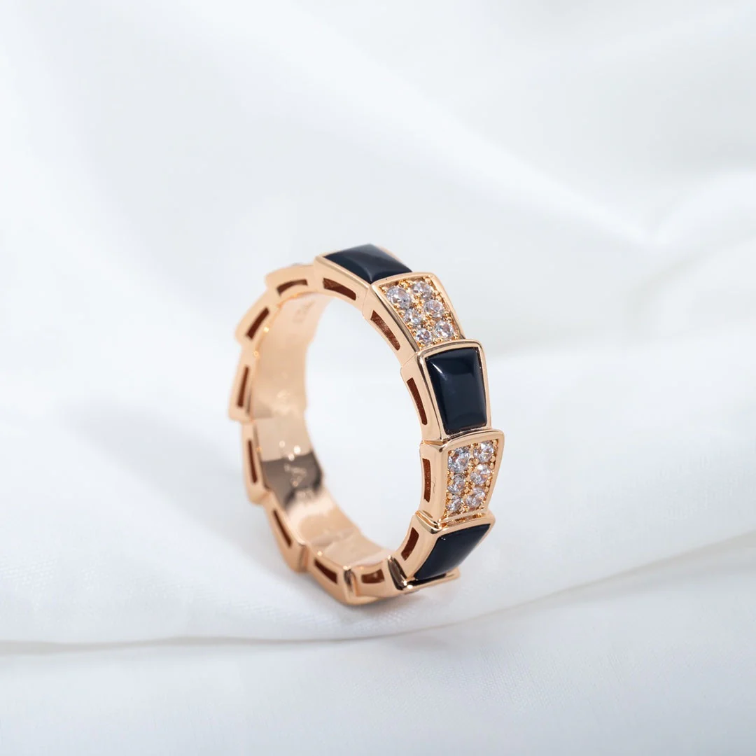 [BV]SERPENTI RING PINK GOLD BLACK MOP DIAMOND PAVED 4MM