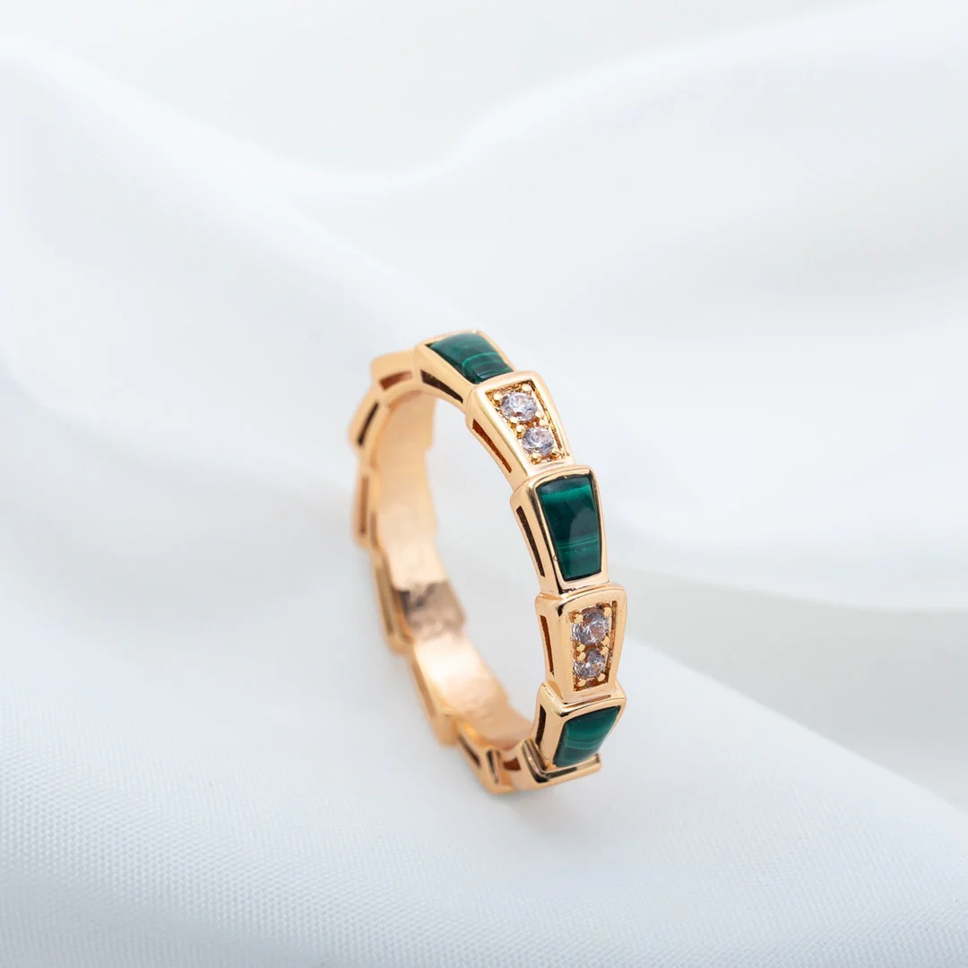 [BV]SERPENTI RING PINK GOLD MALACHITE DIAMOND 3MM