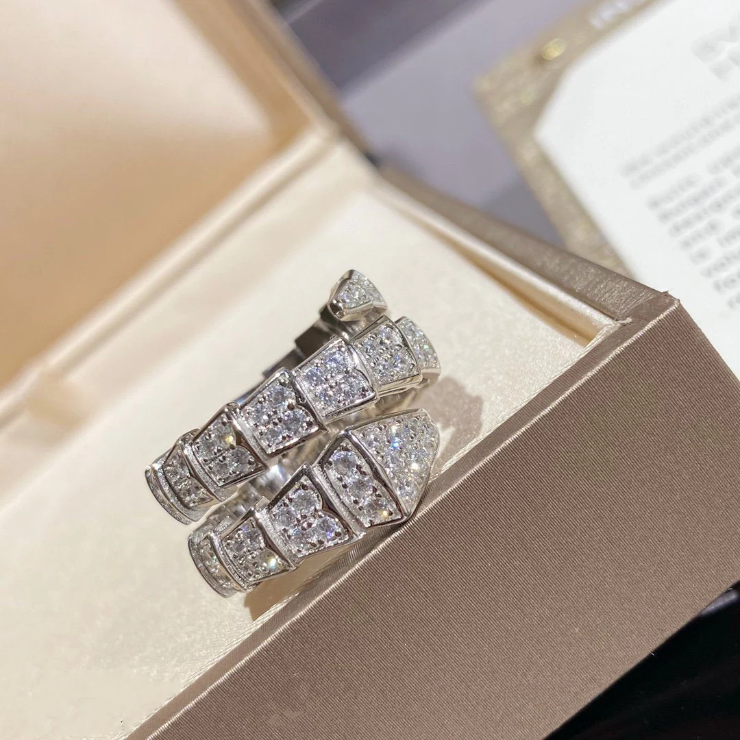 [BV]SERPENTI DOUBLE RING SILVER DIAMOND PAVED