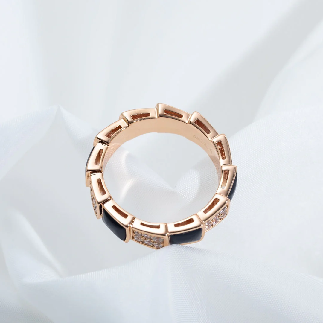 [BV]SERPENTI RING PINK GOLD BLACK MOP DIAMOND PAVED 4MM