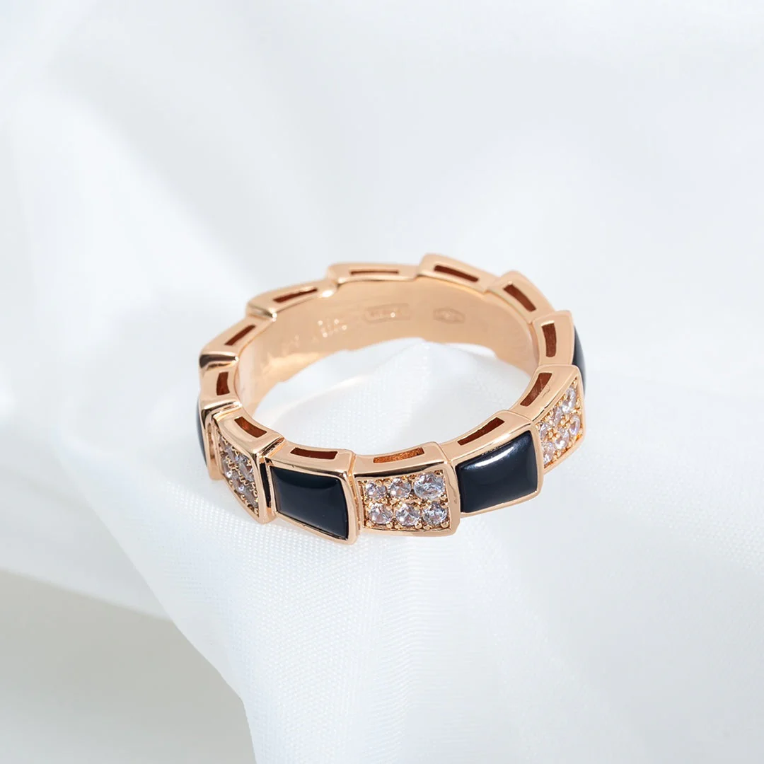 [BV]SERPENTI RING PINK GOLD BLACK MOP DIAMOND PAVED 4MM