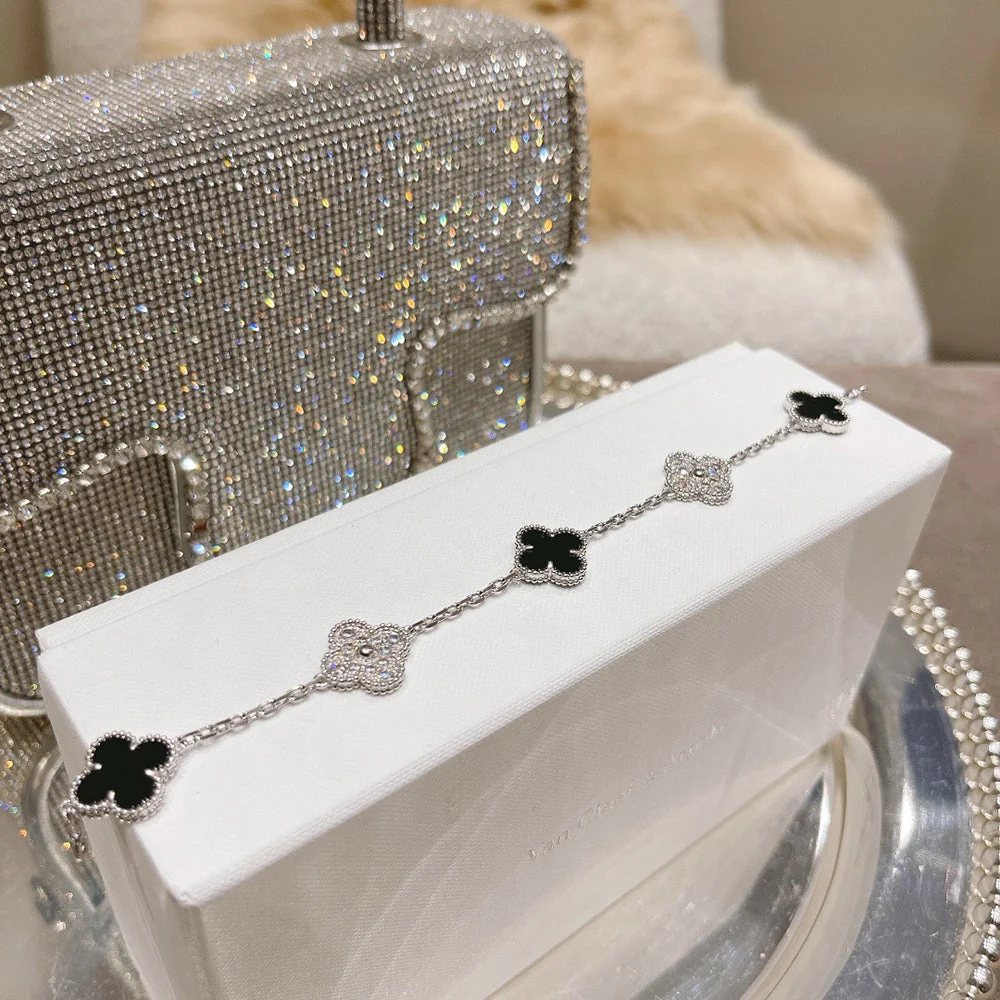 [VA]CLOVER 5 MOTIF ONYXS DIAMOND BRACELET SILVER
