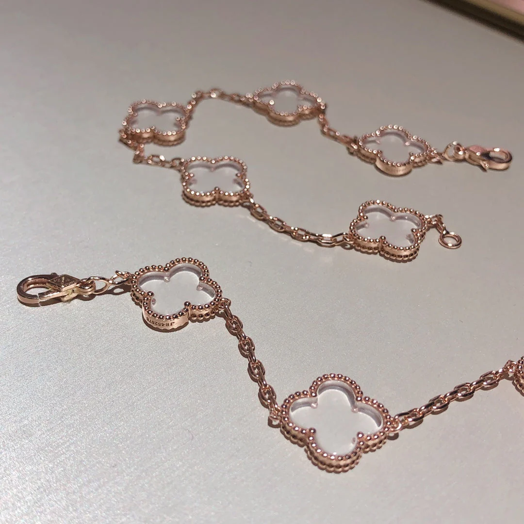 [VA]CLOVER 5 MOTIF ROCK CRYSTAL PINK GOLD BRACELET
