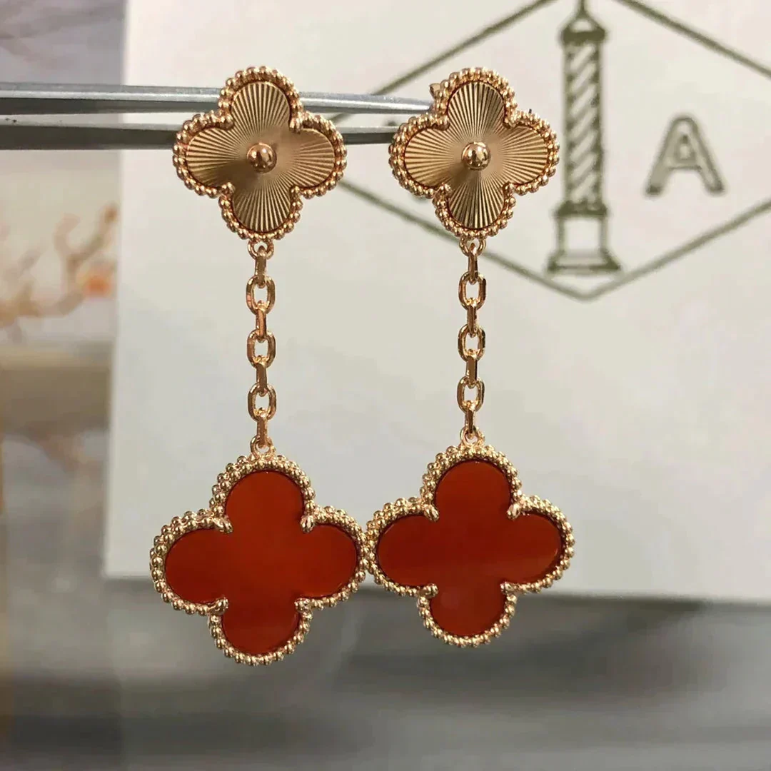 [VA]CLOVER 2 MOTIF  LASER CARNELIAN EARRINGS