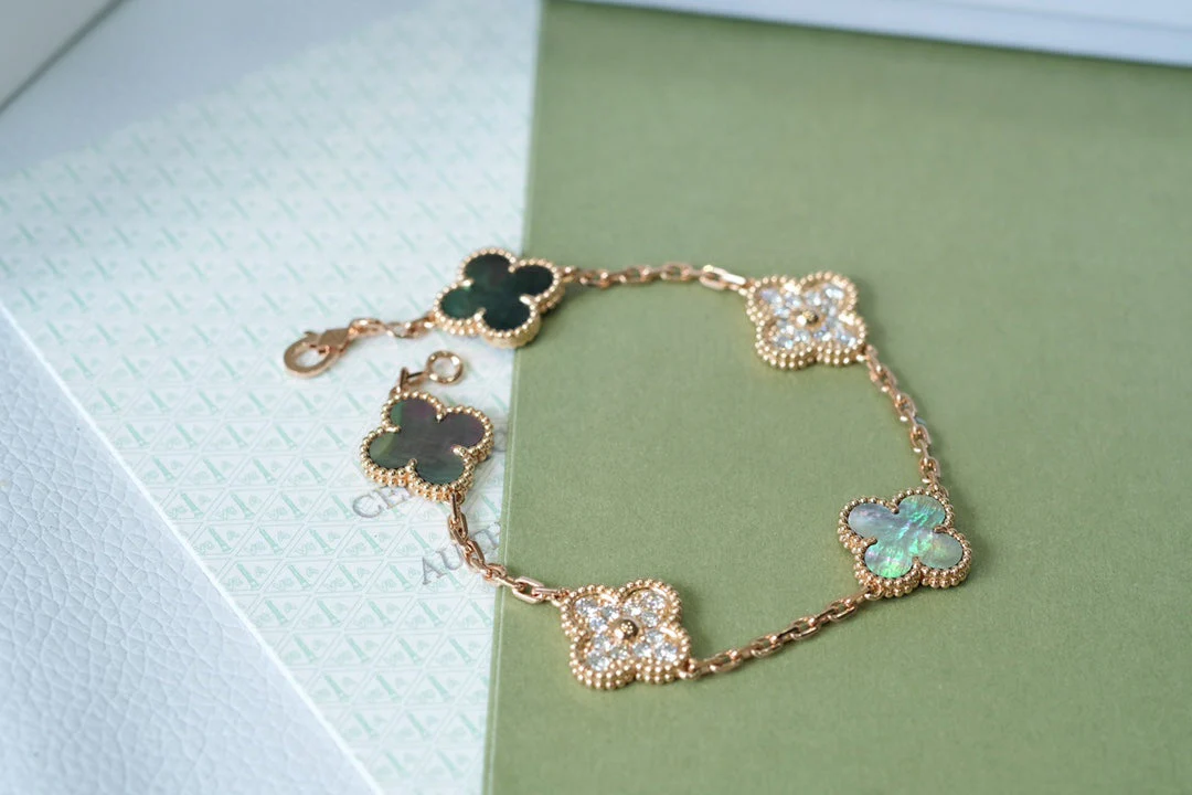 [VA]CLOVER 5 MOTIFS DARK MOP AND DIAMONDS PINK GOLD BRACELET