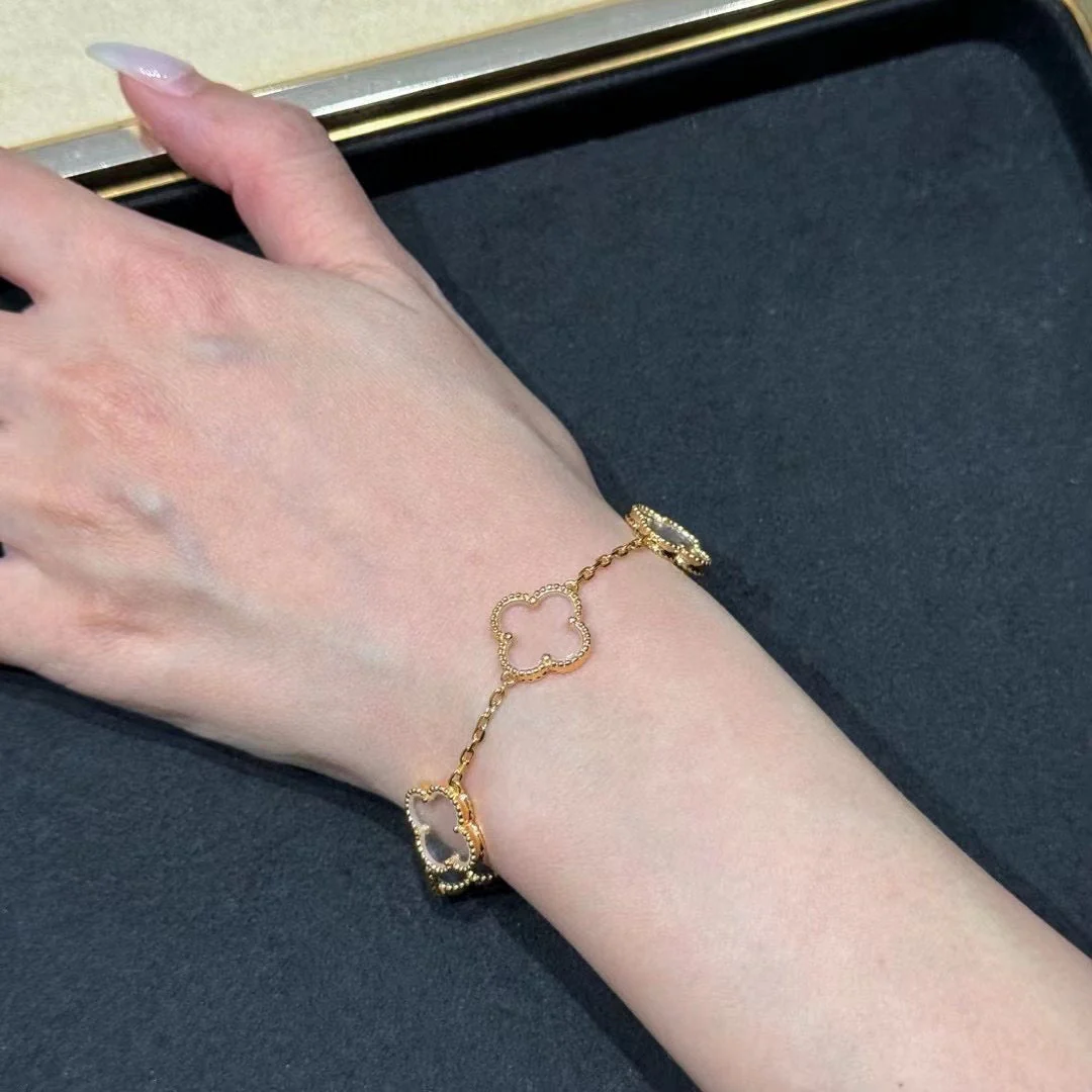 [VA]CLOVER 5 MOTIF ROCK CRYSTAL PINK GOLD BRACELET