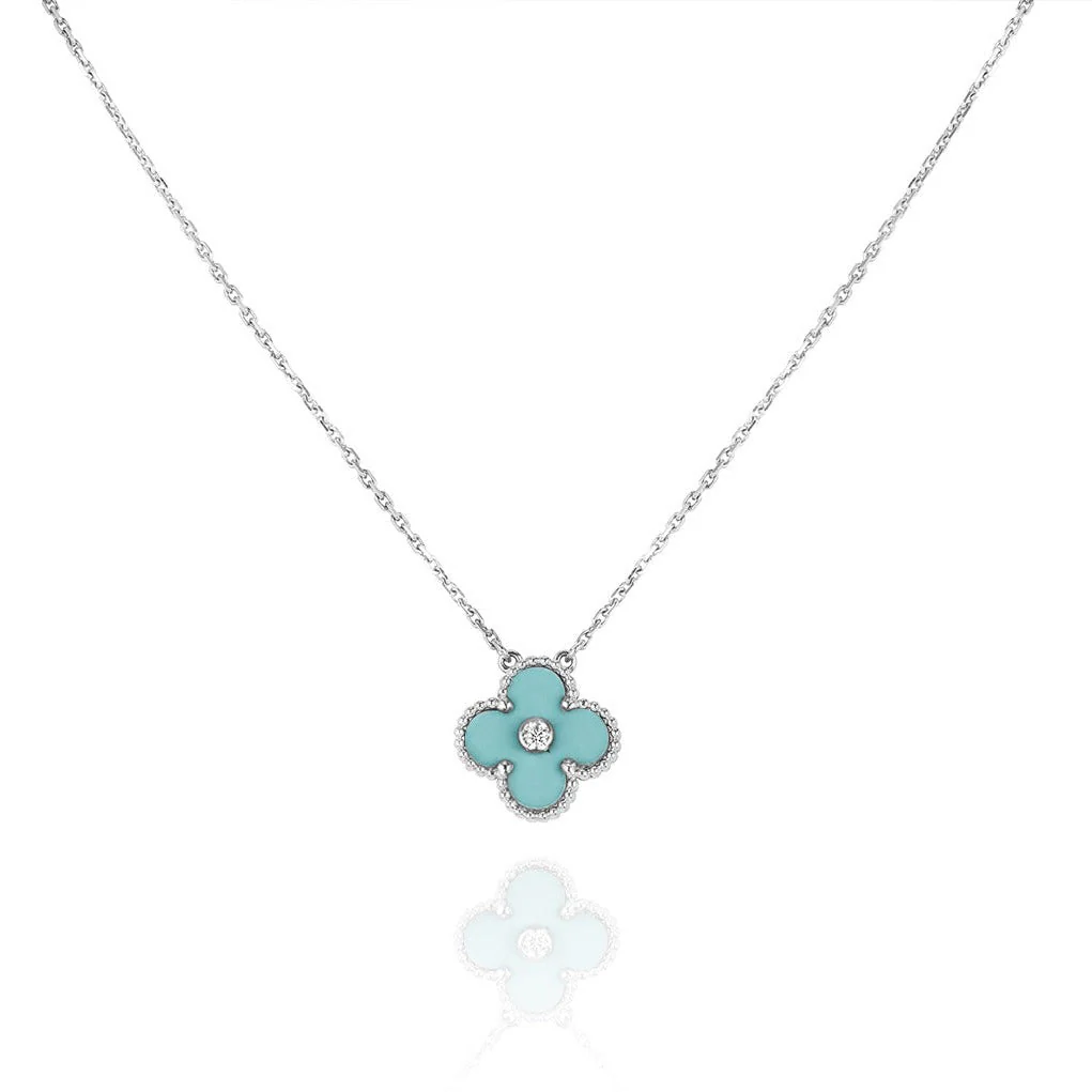 [VA]CLOVER 1 DIAMOND LIGHT BLUE SILVER NECKLACE
