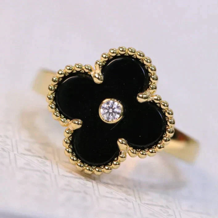 [VA]CLOVER ONYX RING GOLD DIAMOND