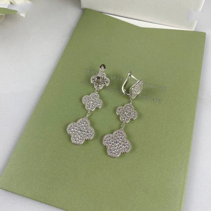[VA]CLOVER 3 MOTIF DIAMOND SILVER DROP EARRINGS