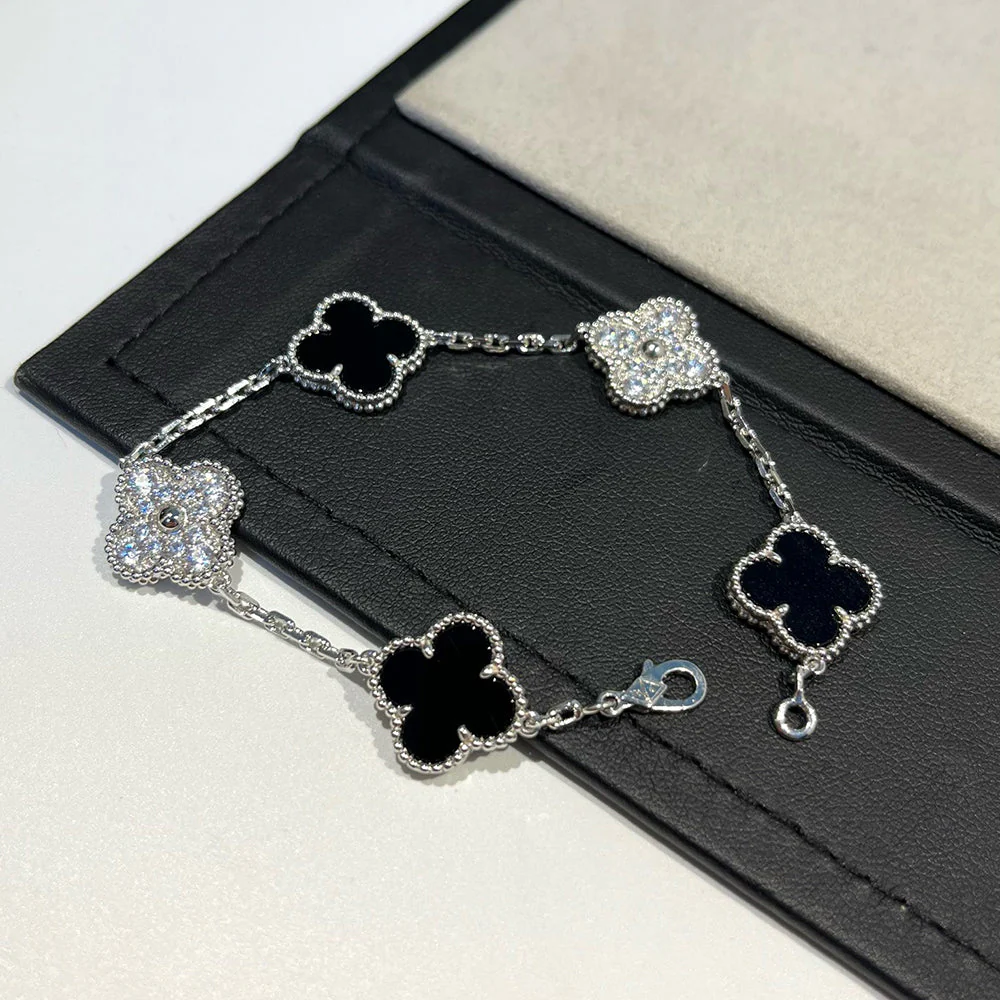 [VA]CLOVER 5 MOTIF ONYXS DIAMOND BRACELET SILVER