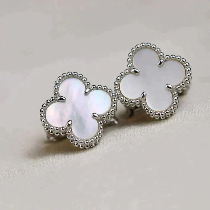 [VA]CLOVER MEDIUM 1 MOTIFS  WHITE MOP EARRINGS SILVER