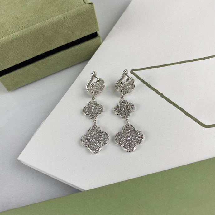 [VA]CLOVER 3 MOTIF DIAMOND SILVER DROP EARRINGS
