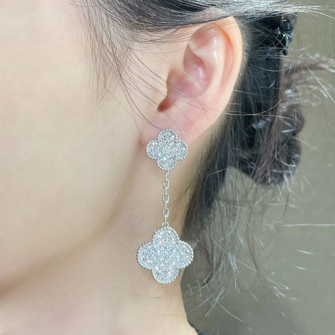 [VA]CLOVER 2 MOTIFS DIAMOND PAVED SILVER EARRINGS