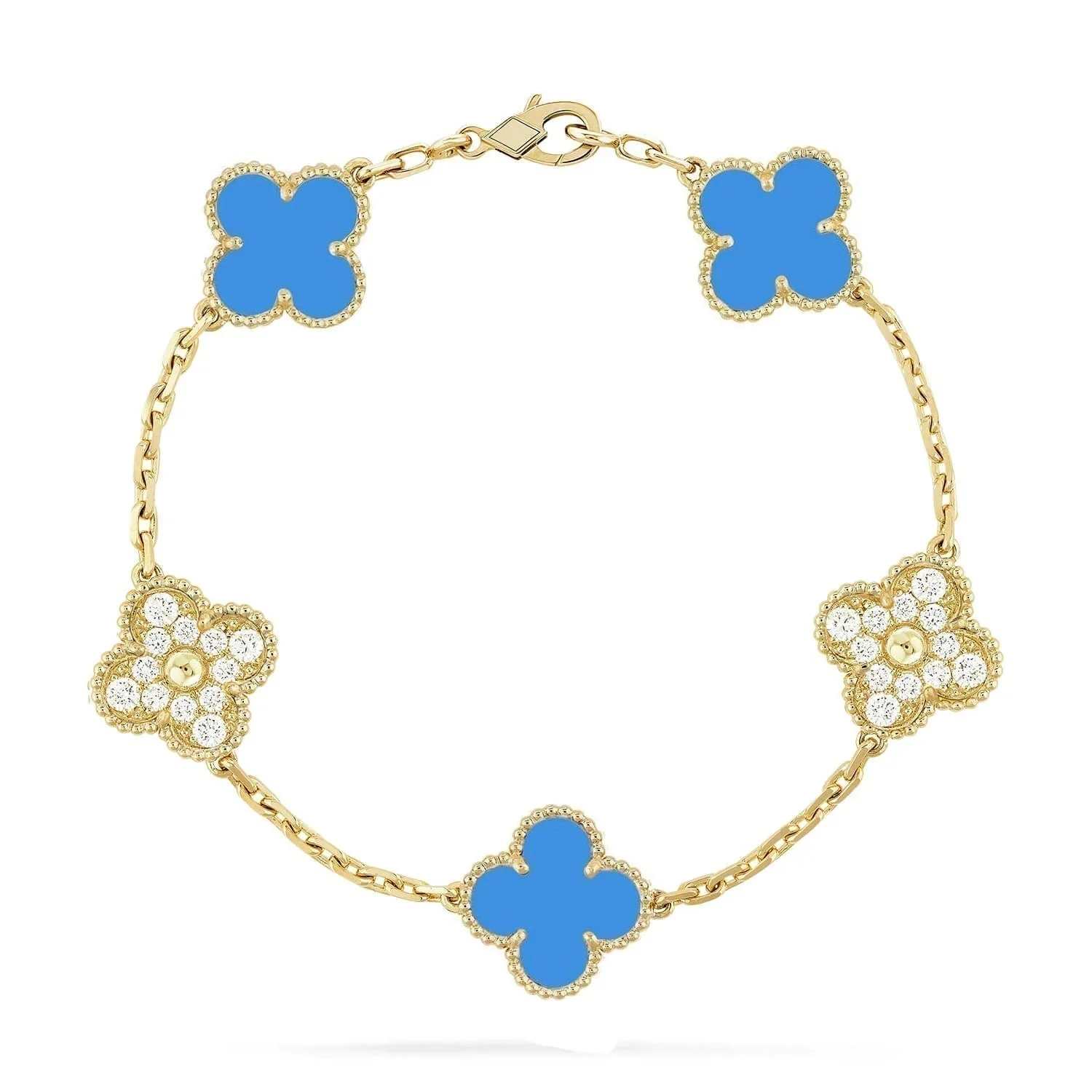 [VA]CLOVER 5 MOTIF BLUE CHALCEDONY DIAMOND GOLD BRACELET