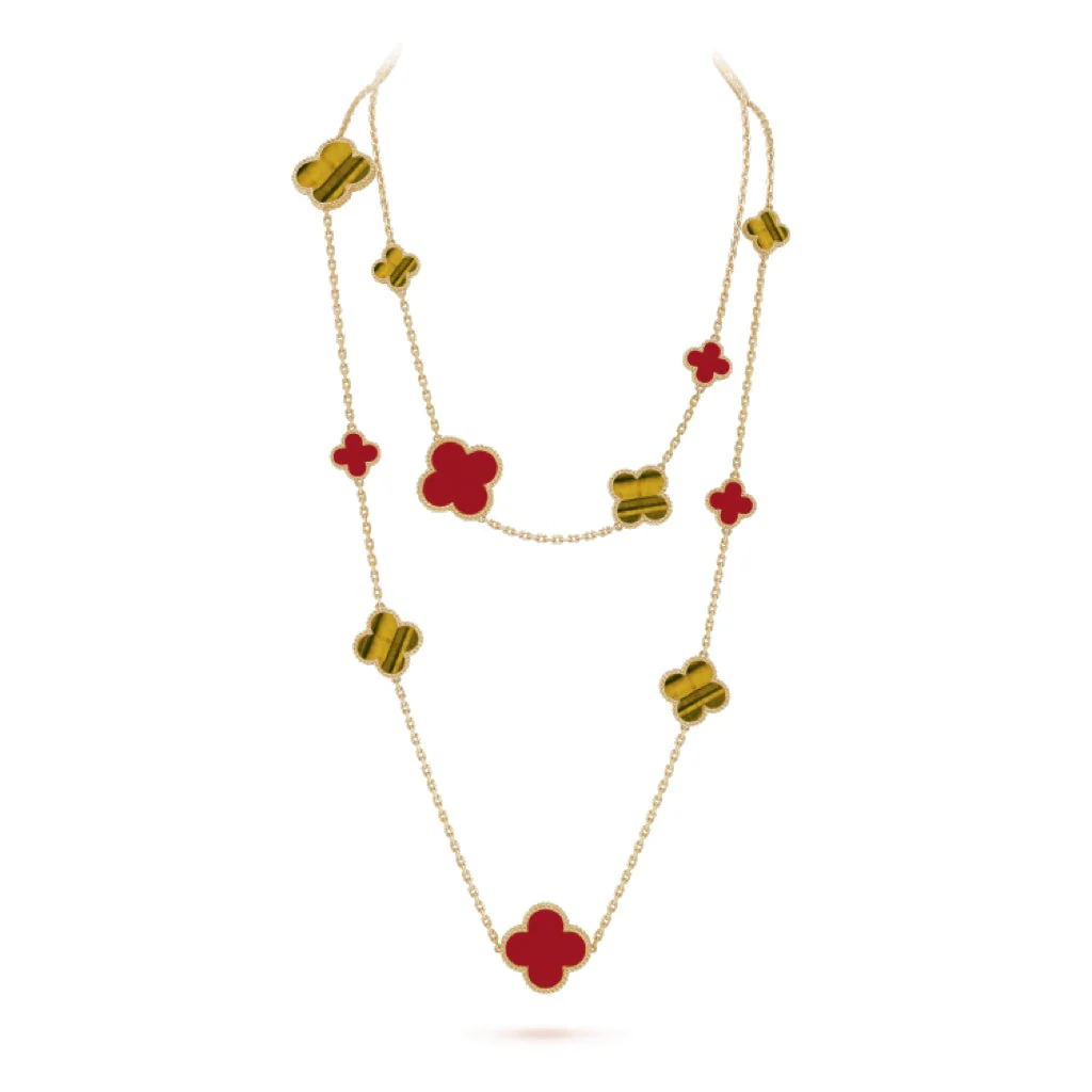 [VA]CLOVER 16 MOTIF CARNELIAN TIGER EYE ROSE GOLD NECKLACE