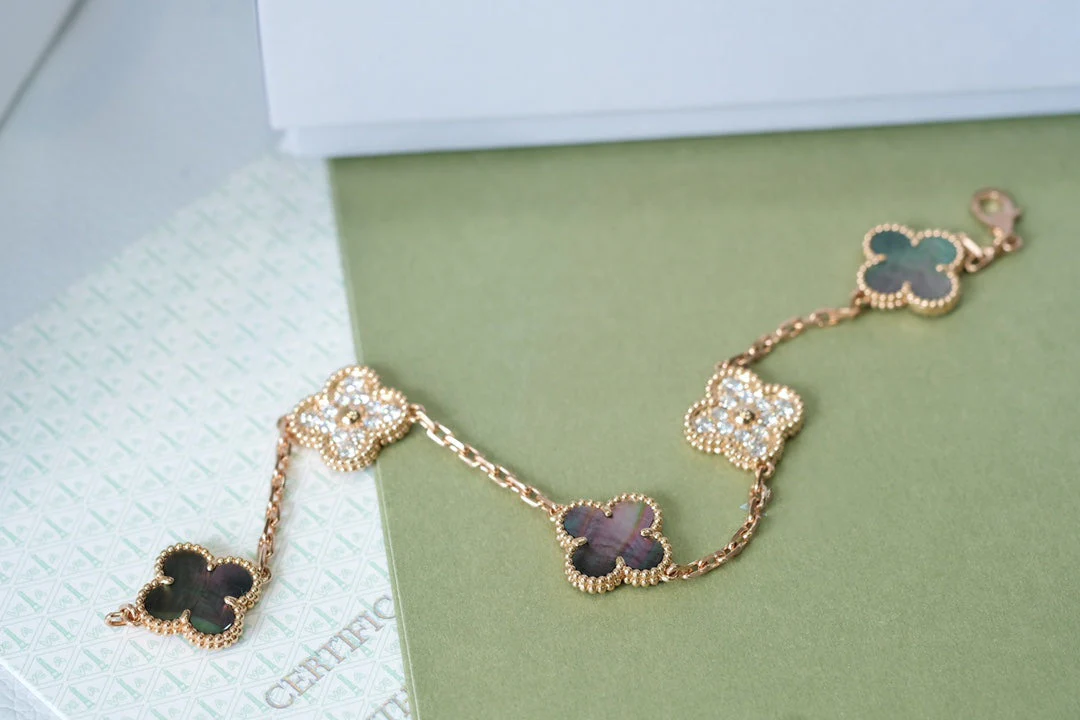 [VA]CLOVER 5 MOTIFS DARK MOP AND DIAMONDS PINK GOLD BRACELET
