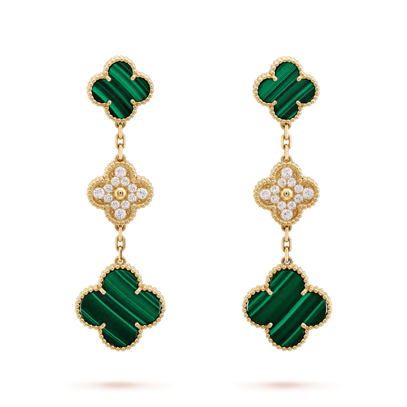 [VA]CLOVER EARRINGS GOLD MALACHITE DIAMOND 3 MOTIF