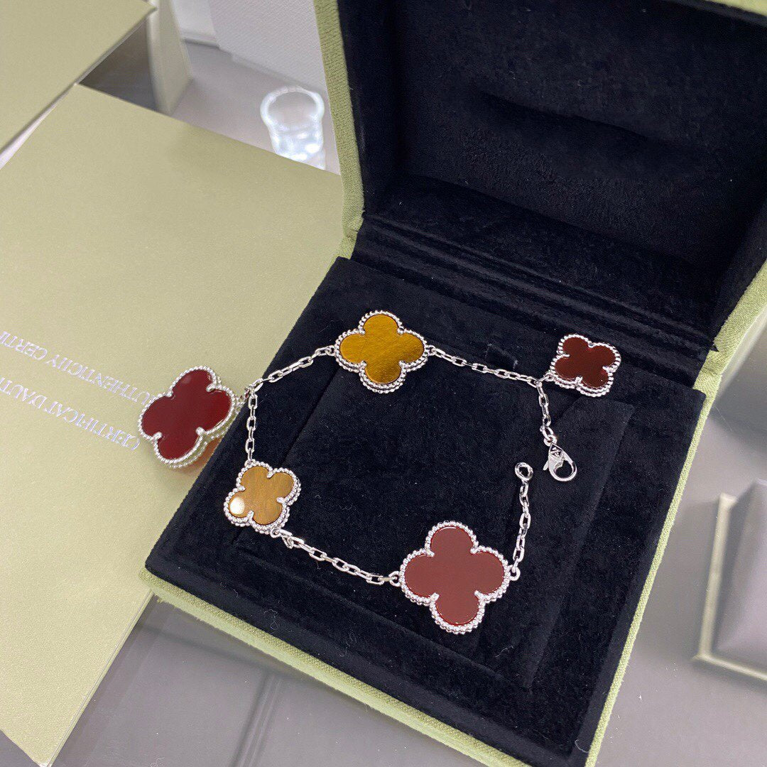 [VA]CLOVER 5 MOTIFS SIVLER CARNELIAN TIGER EYE BRACELET