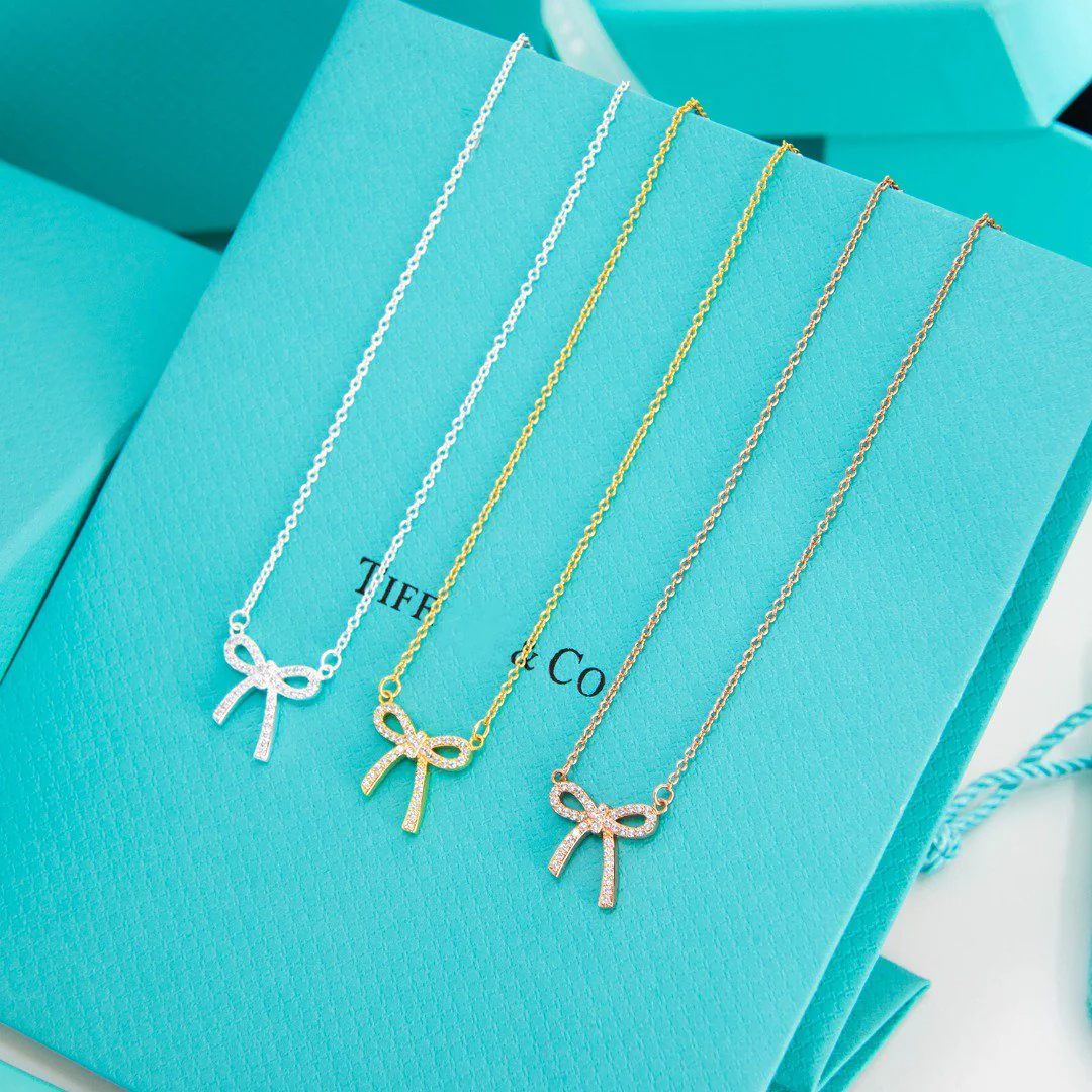 [TF]RIBBON NECKLACE BOW PENDANT DIAMOND CHARM CHAIN