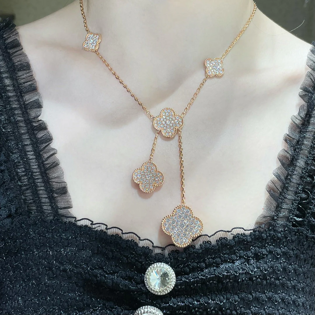 [VA]CLOVER 6 MOTIF DIAMOND PAVED NECKLACE