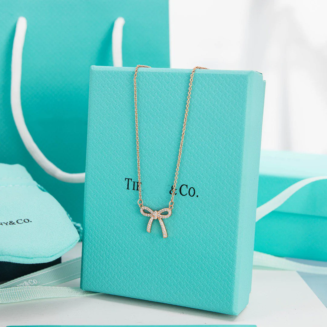 [TF]RIBBON NECKLACE BOW PENDANT DIAMOND CHARM CHAIN