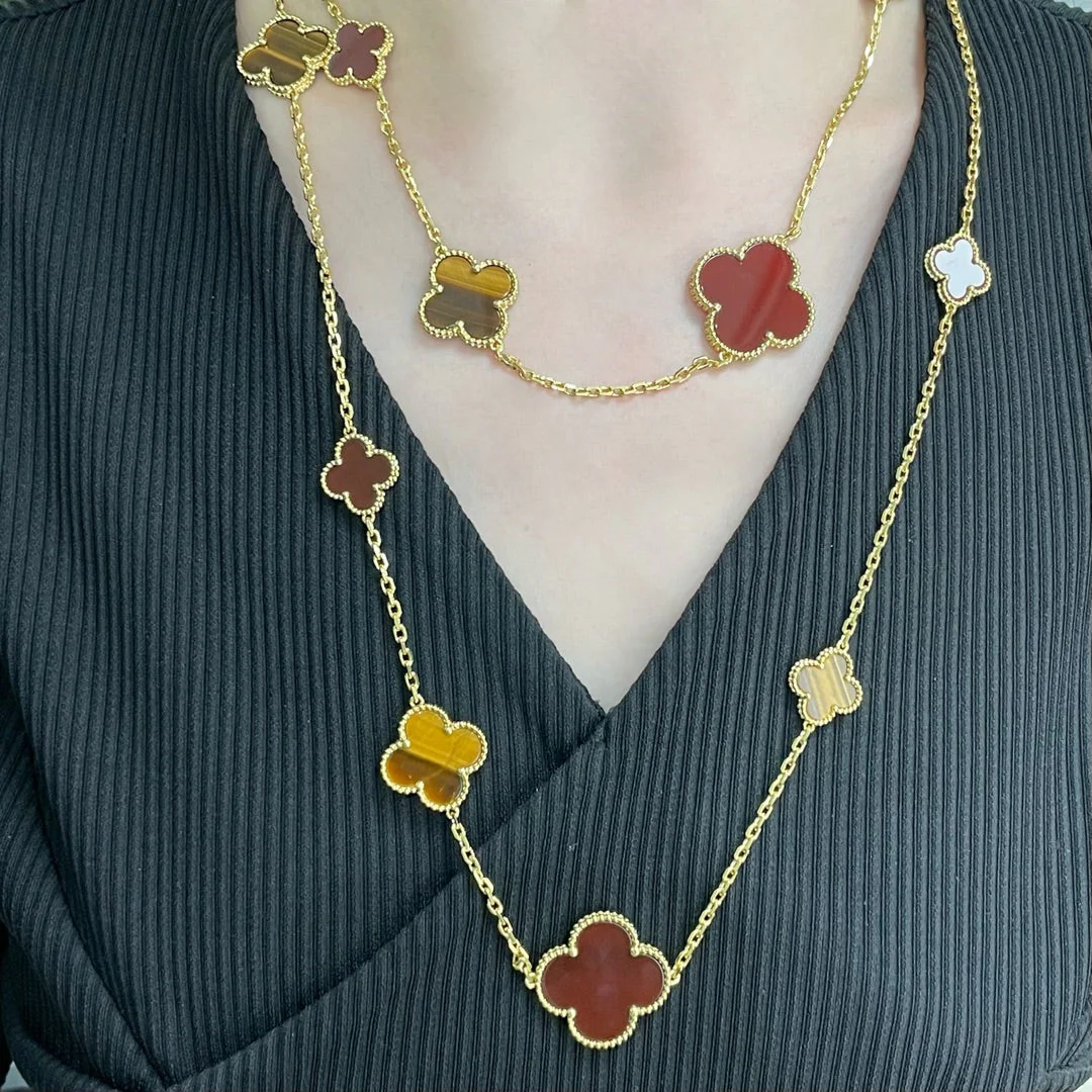 [VA]CLOVER 16 MOTIF CARNELIAN TIGER EYE ROSE GOLD NECKLACE