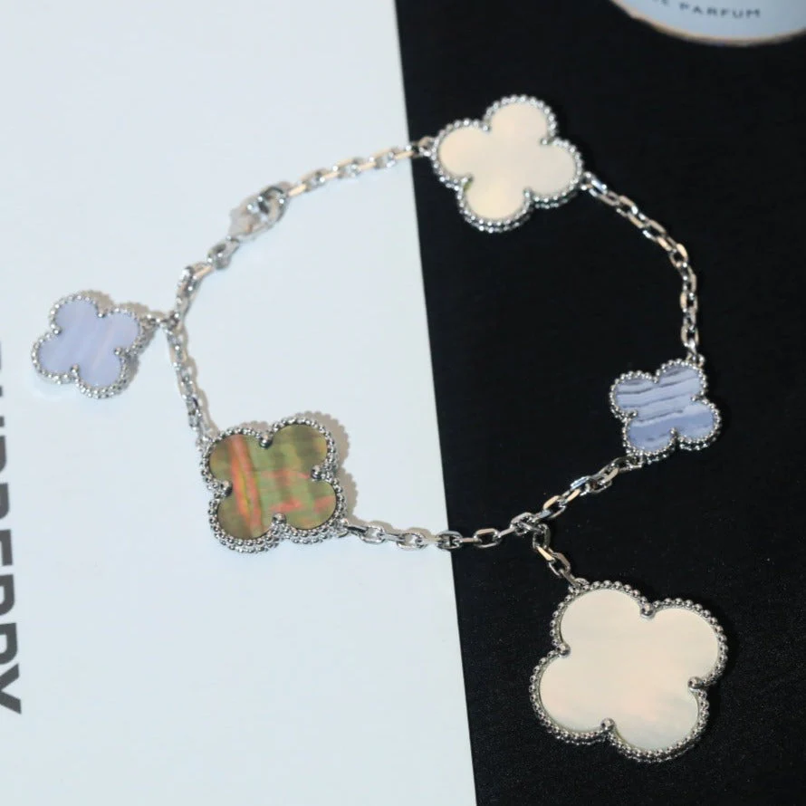 [VA]CLOVER BRACELET 5 MOTIFS MOP CHALCEDONY SILVER
