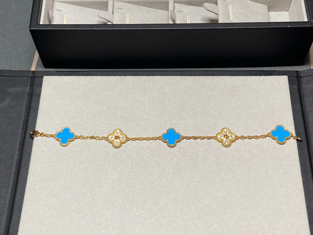 [VA]CLOVER 5 MOTIF BLUE CHALCEDONY DIAMOND GOLD BRACELET