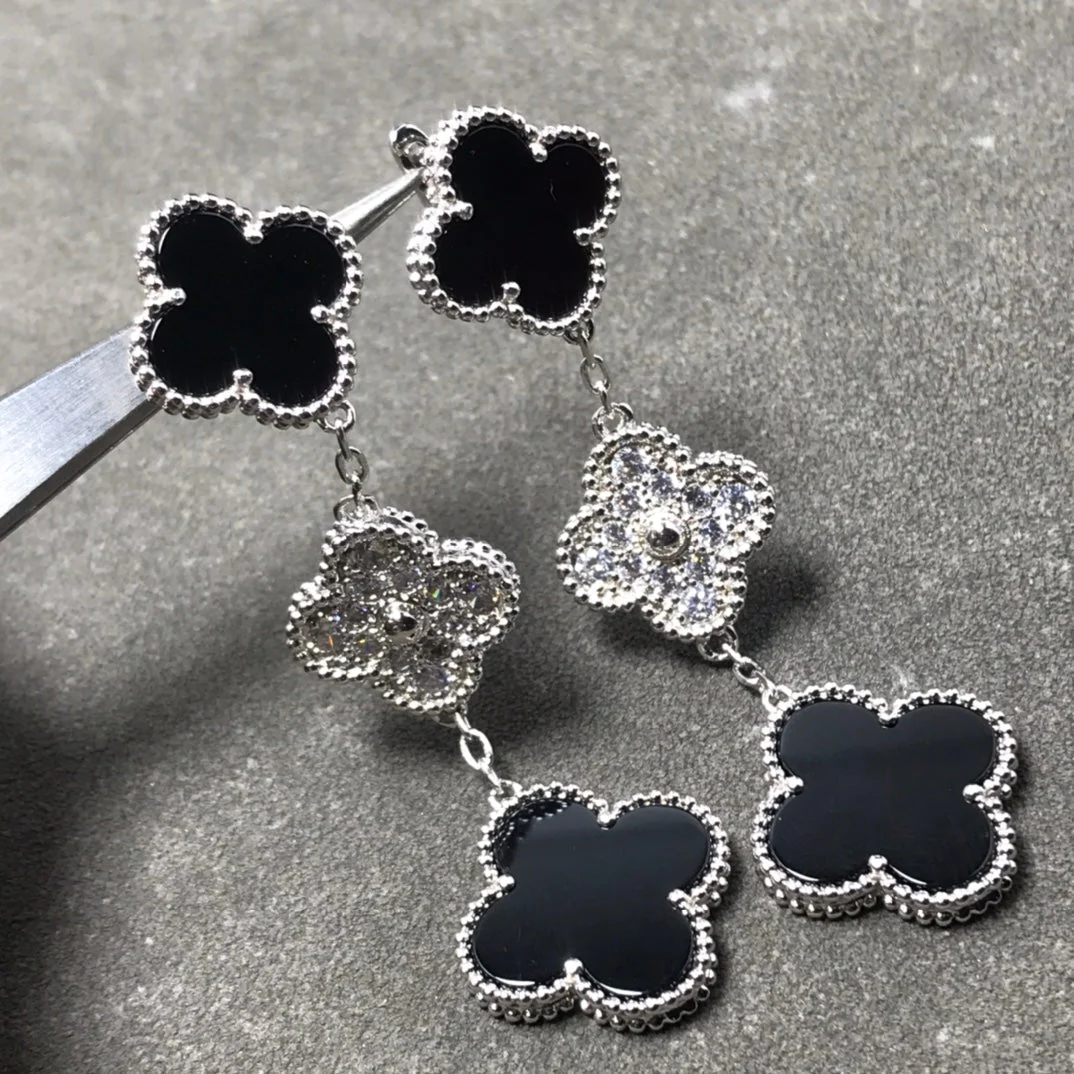 [VA]CLOVER 3 MOTIF DIAMOND ONYX SILVER EARRINGS