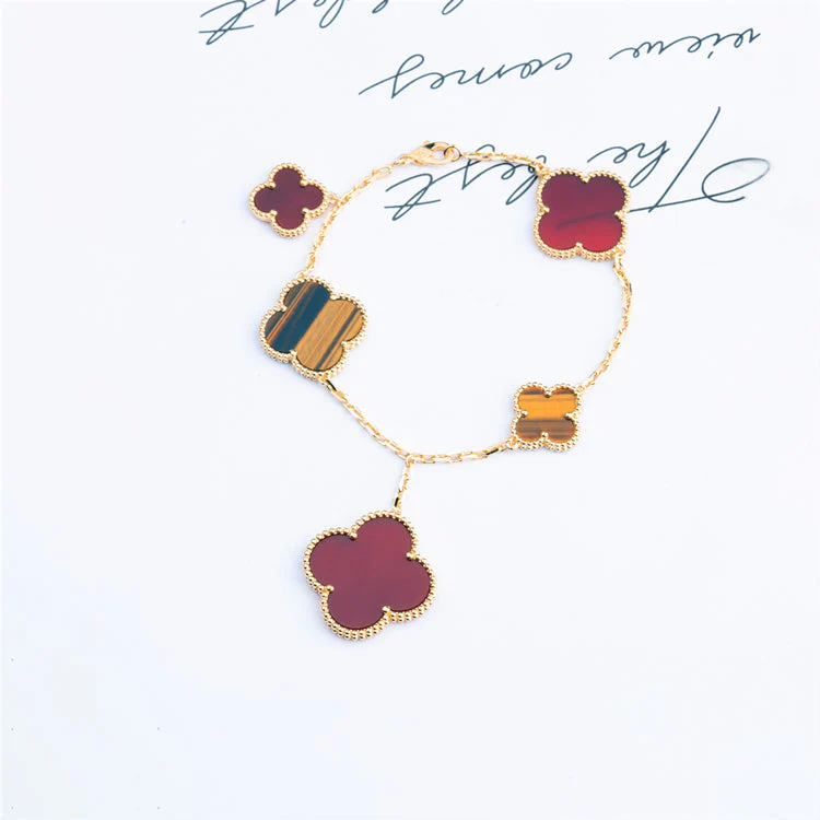 [VA]CLOVER BRACELET 5 MOTIFS CARNELIAN TIGER EYE