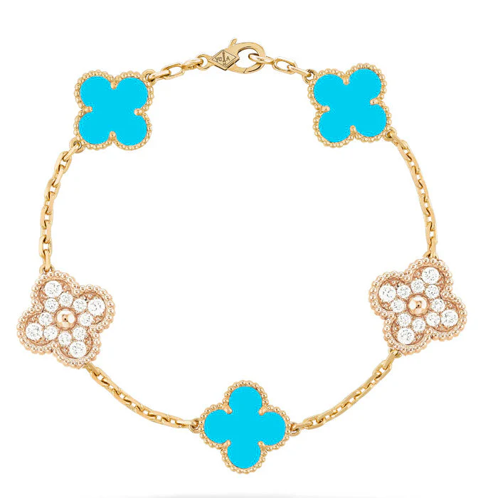 [VA]CLOVER 5 MOTIF TURQUOISE DIAMOND GOLD BRACELET