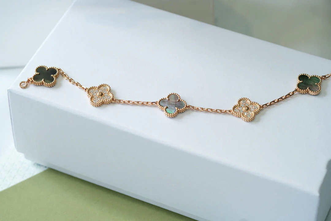 [VA]CLOVER 5 MOTIFS DARK MOP AND DIAMONDS PINK GOLD BRACELET