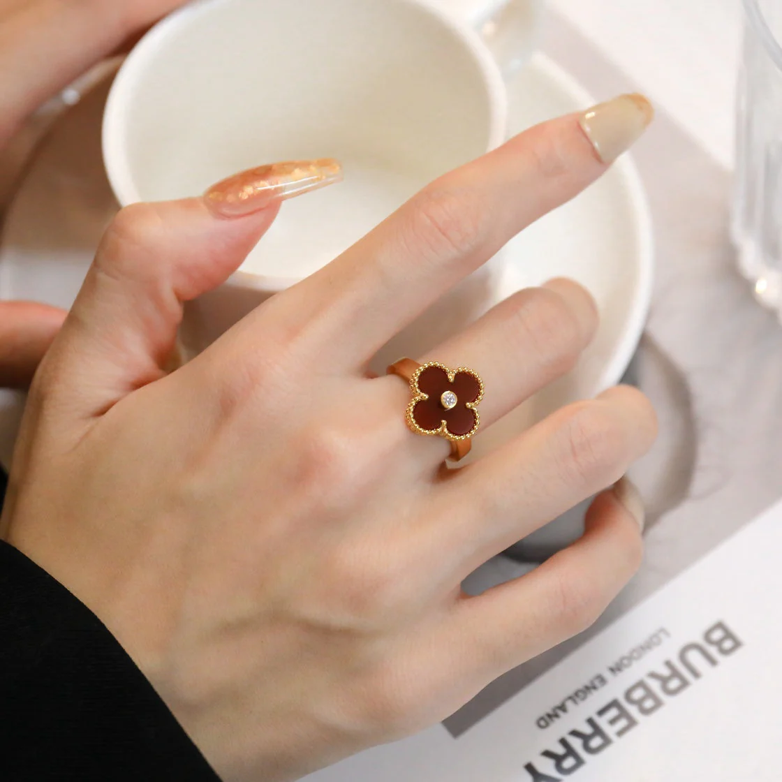 [VA]CLOVER CARNELIAN RING ROSE GOLD DIAMOND
