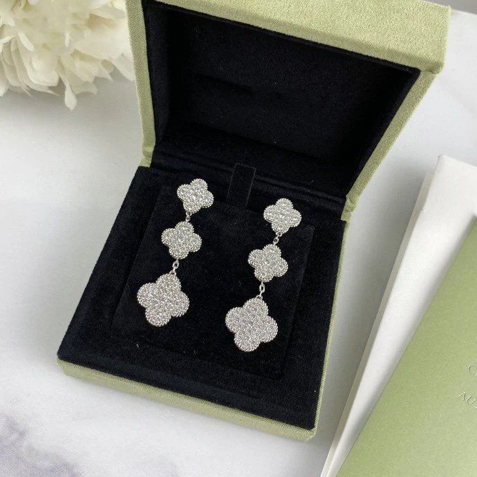 [VA]CLOVER 3 MOTIF DIAMOND SILVER DROP EARRINGS