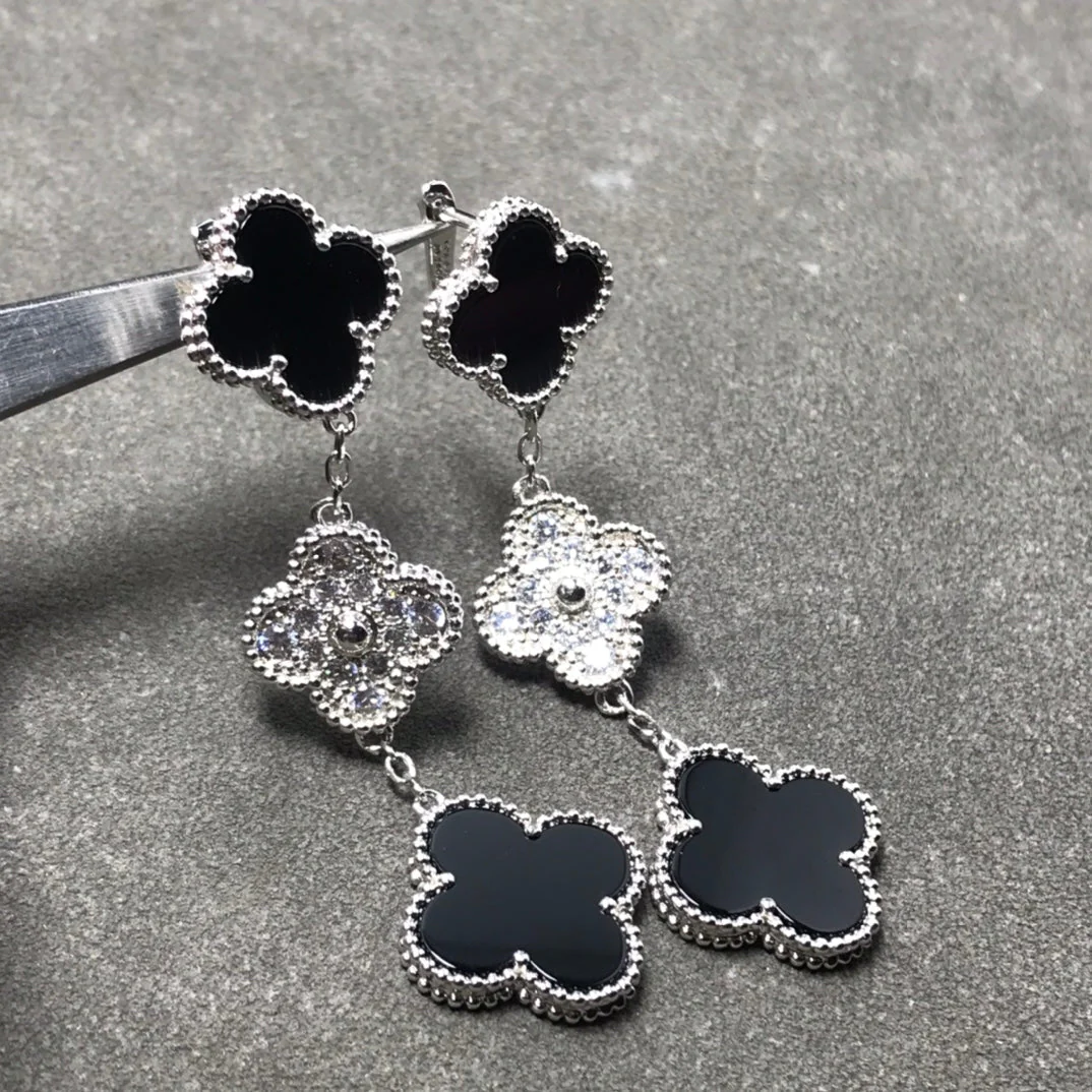 [VA]CLOVER 3 MOTIF DIAMOND ONYX SILVER EARRINGS