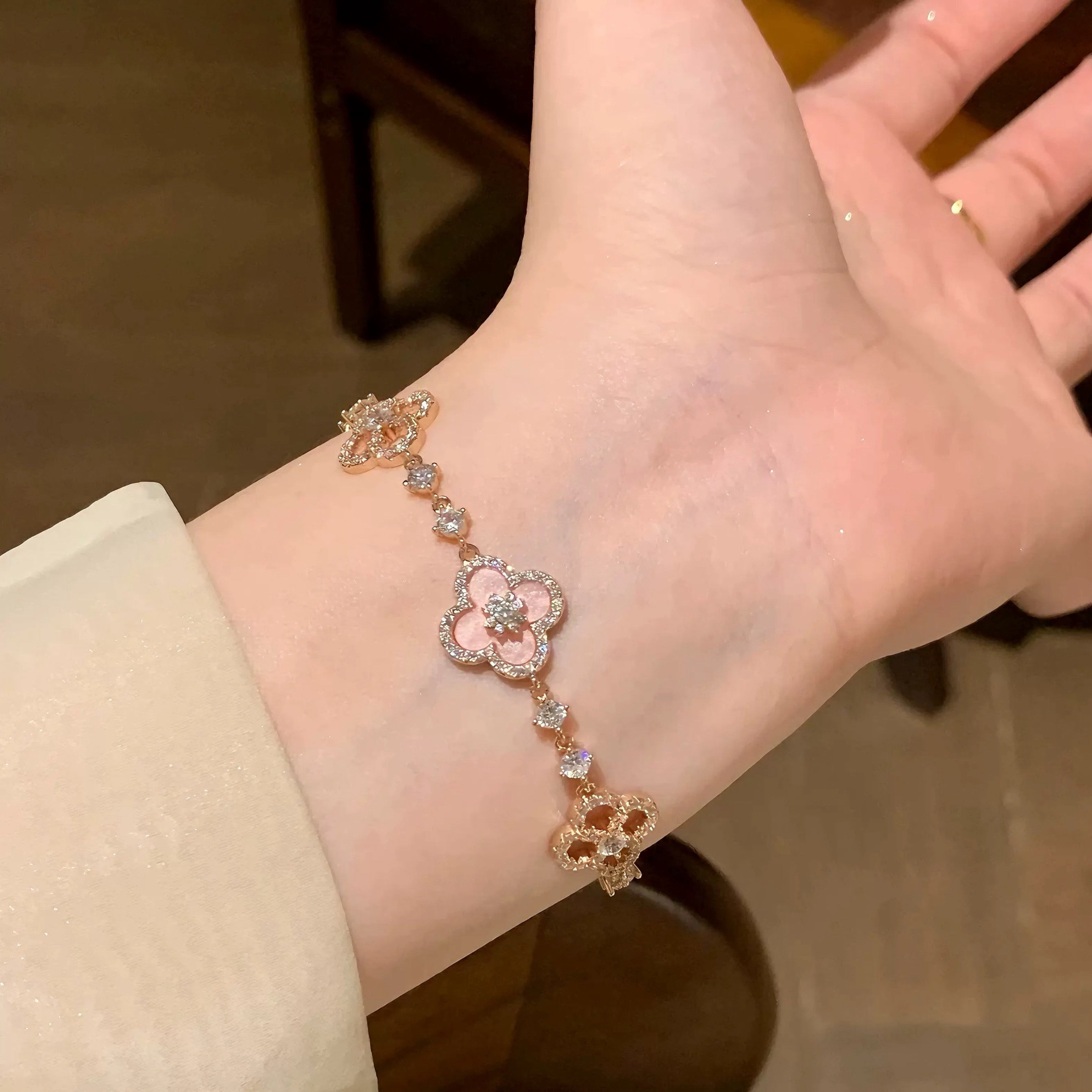 Sakura Pink Four Leaf Clover Lucky Bracelet